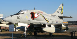 A-4E Skyhawk on the field at the Pacific Coast Air Museum, viewed from front left.