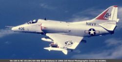 Photo of the Museum's A-4 Skyhawk in flight back in 1966 when it was flying with VA-164 from the USS Oriskany.