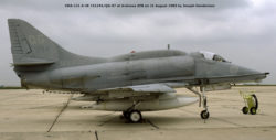 A-4 Skyhawk painted in an overall gray scheme, on the ground at Andrews Air Force Base.