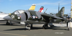 AV-8C Harrier attack jet on static display at the Wings Over Wine Country Air Show. Viewed from front left.
