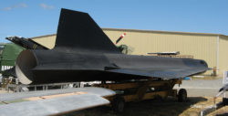 D-21 Drone on the field at the Pacific Coast Air Museum, viewed from behind and to the right.