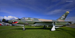 F-105F Thunderchief jet fighter bomber on the field at the Pacific Coast Air Museum, viewed from the left side