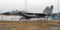 “First Responder” F-15 Eagle on a gray and foggy day at the Pacific Coast Air Museum. Broadside view of its left side.