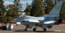 F-16N Viper being towed by a small tow tug to the 2016 Wings Over Wine Country Air Show.