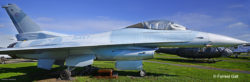 Broadside view of the F-16N Viper on the field at the Pacific Coast Air Museum.