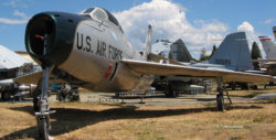 F-84F Thunderstreak jet fighter-bomber on the field at the Pacific Coast Air Museum, viewed from the front right.