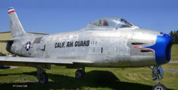 F-86H Sabre jet fighter on the grounds at the Pacific Coast Air Museum. Viewed from the front right.