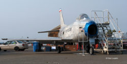 F-86H Sabre jet fighter, viewed from ahead and slightly to the left.