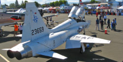 Photo from a high angle to the rear, showing a T-38 Talon trainer jet on static display at an air show.