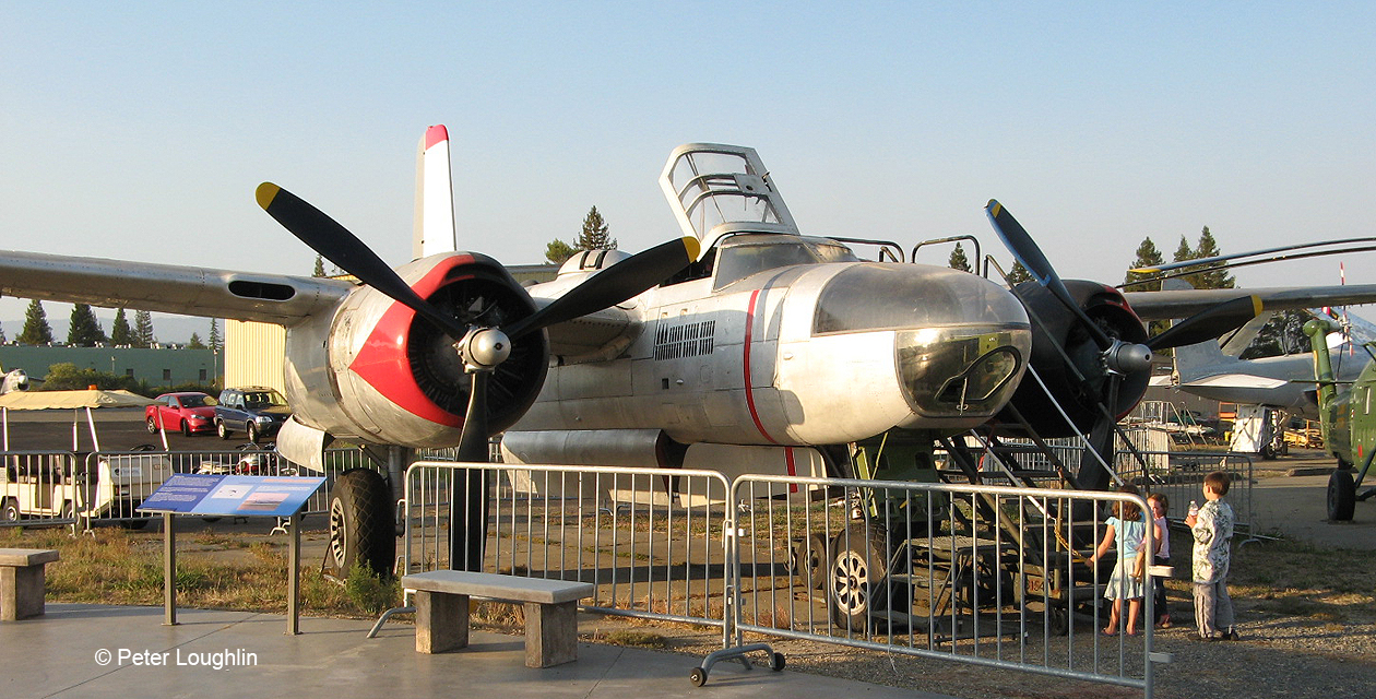 a26-invader-pcam-01 A-26 Invader twin propeller engine attack bomber on the field at the Pacific Coast Air Museum. Viewed from front right.