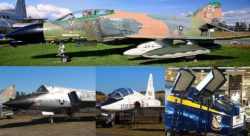 mosaic image showing F-4C Phantom, F-106 Delta Dart, T-38 Talon, and Blue Angels F-4 cockpit simulator